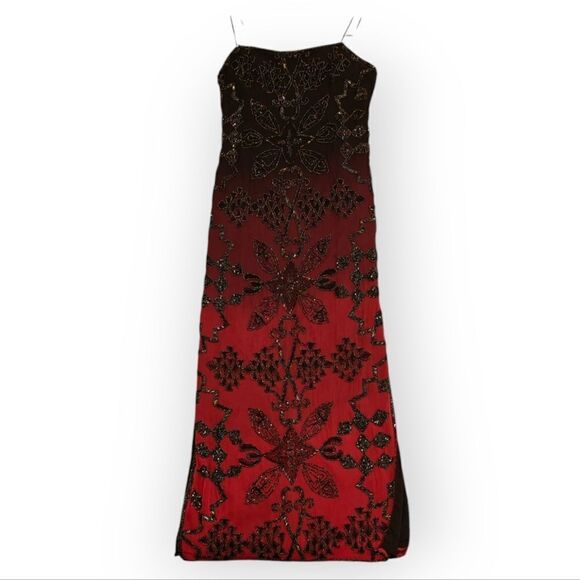 VTG LAURENCE KAZAR OMBRE BLACK RED BEADED SILK MAXI DRESS SIZE M